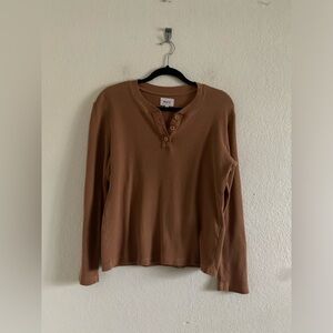 Mate The Label Waffle Knit Henley Top Long Sleeve Womens M Brown Organic Cotton